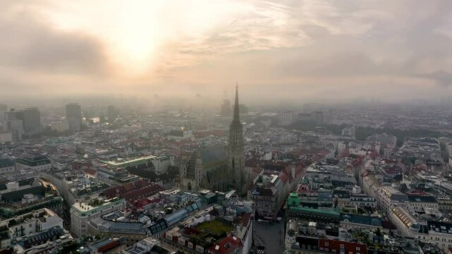 Aerial view of famous places St. Stephen's Cathedral Stephansdom at night. Mother church of the Roman Catholic Archdiocese of Vienna. Austria