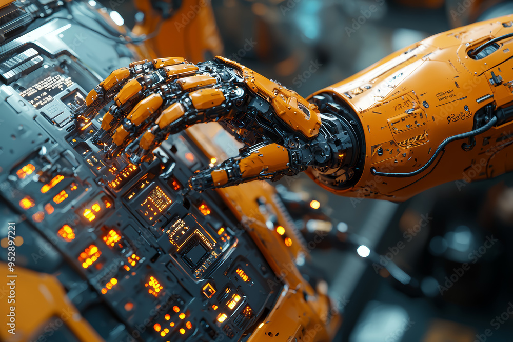 Poster a robotic arm precisely assembling intricate components in a high-tech laboratory. concept of automa