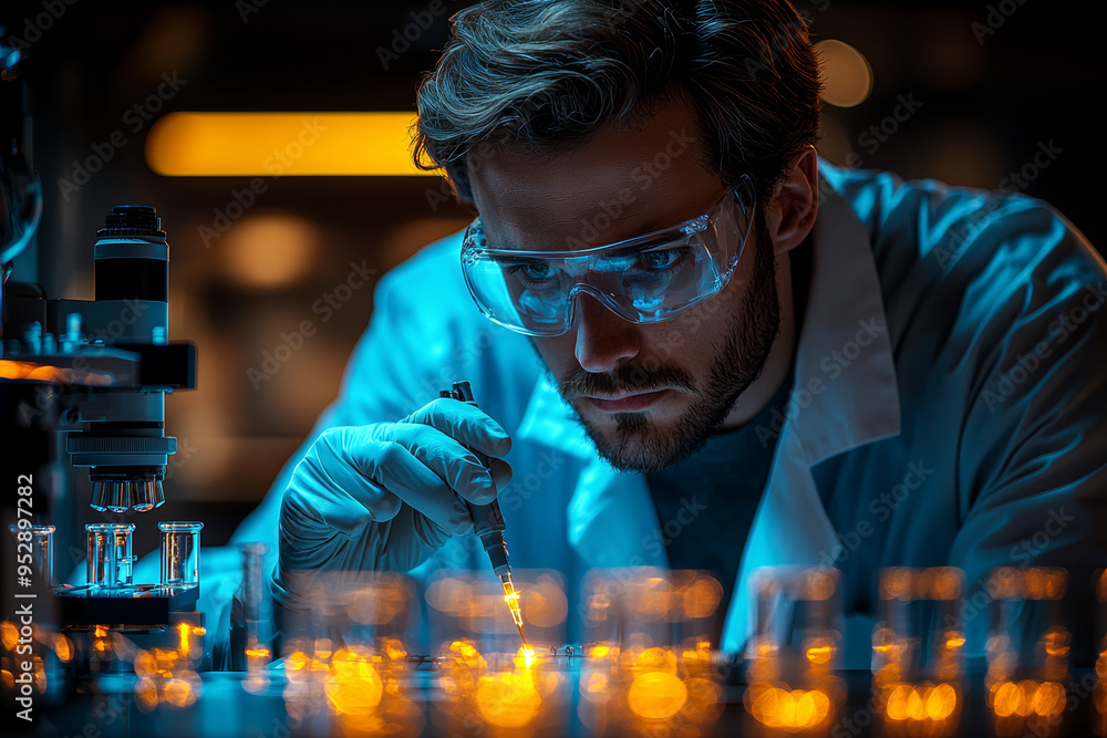 Poster a researcher conducting an experiment with advanced lab equipment, observing and recording precise m