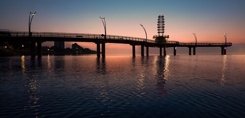 A view of Brant Street Pier during dusk on Lake Ontario, in the morning at Burlington, Ontario,...