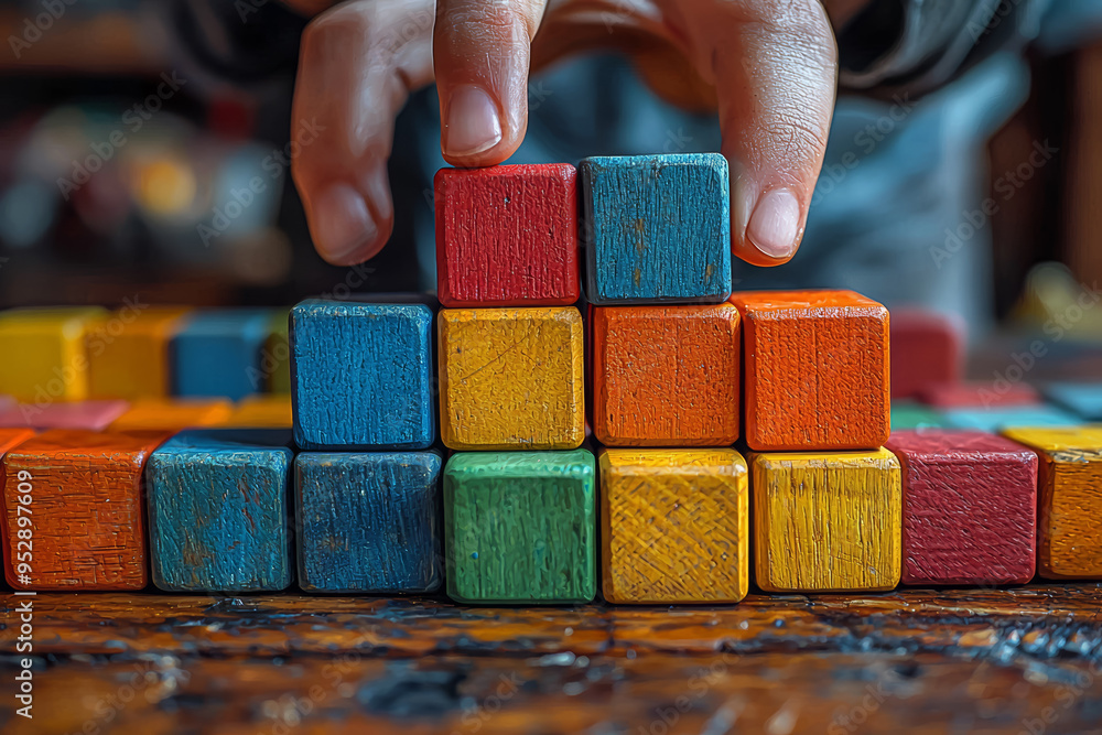 Poster a person strategically rearranging colorful wooden blocks to create a stable structure, symbolizing 