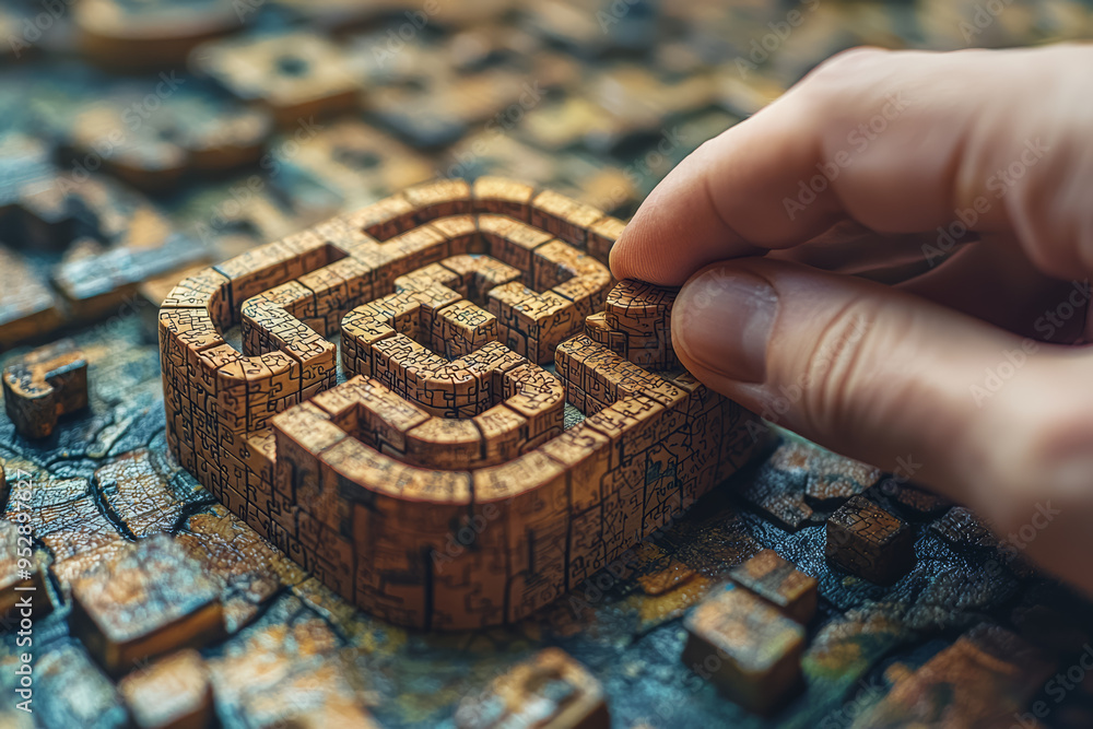 Poster a person solving a 3d labyrinth puzzle, showcasing spatial reasoning and unconventional problem-solv