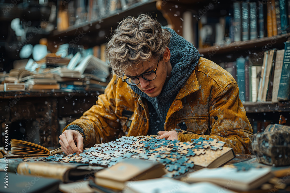 Poster a person deeply focused on solving a complex puzzle, surrounded by books and notes. concept of cogni