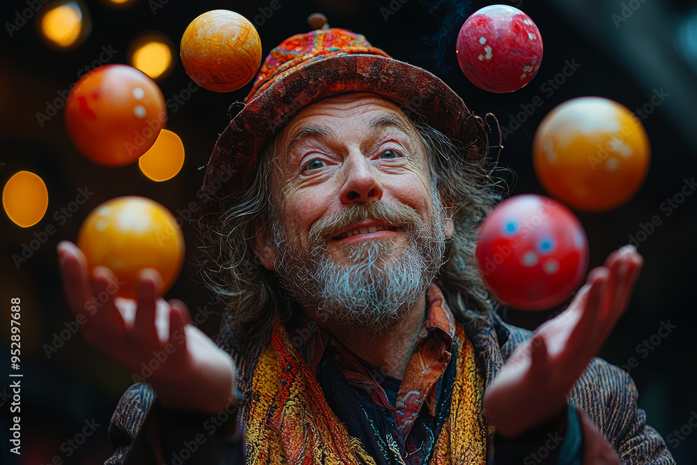 Poster a performer using juggling balls to represent problem-solving in a dynamic and engaging way. concept