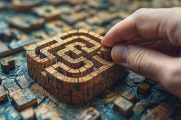 A person solving a 3D labyrinth puzzle, showcasing spatial reasoning and unconventional problem-solving techniques. Concept of cognitive skills and creativity.