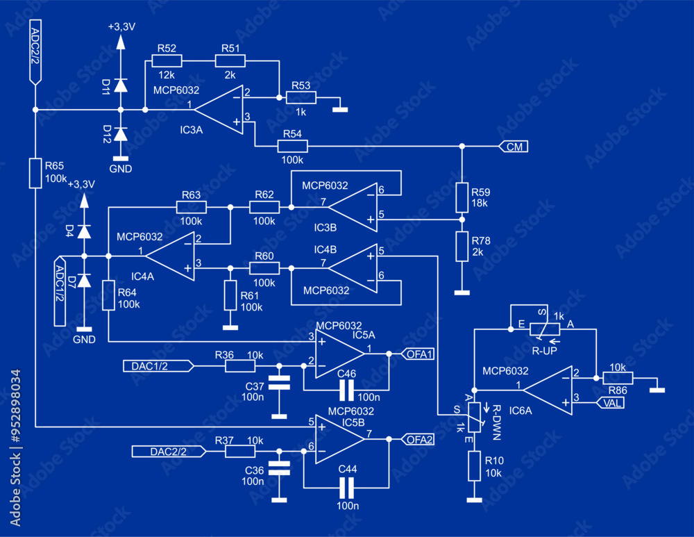 Wall mural Schematic diagram of electronic device. 
Vector drawing electrical circuit with operational amplifier, 
resistor, capacitor, diode and other components.