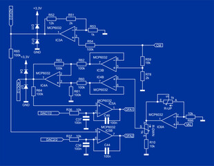 Schematic diagram of electronic device. 
Vector drawing electrical circuit with operational amplifier, 
resistor, capacitor, diode and other components.