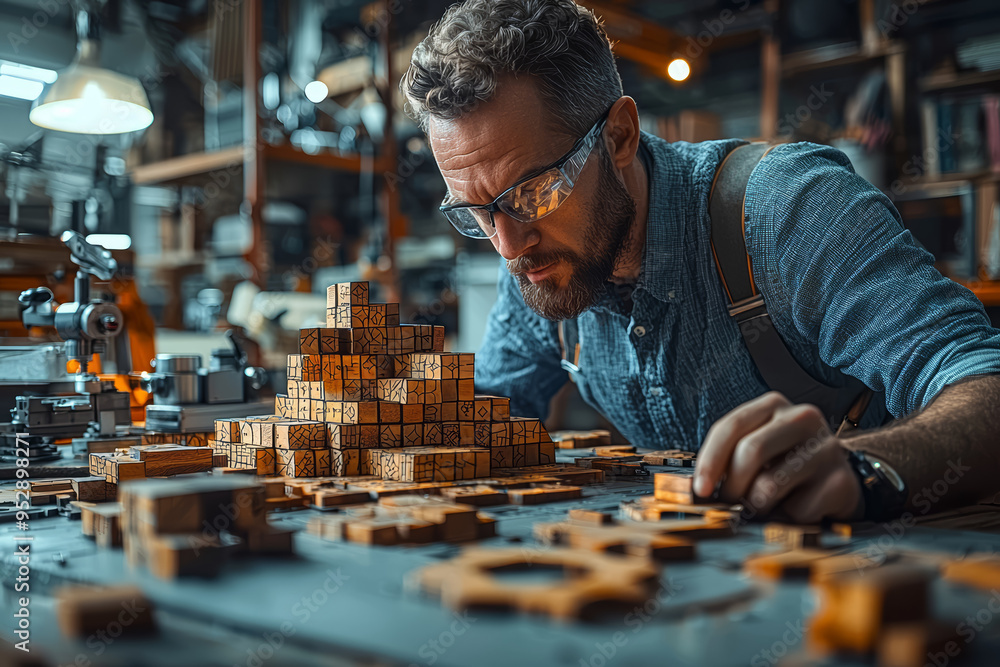 Poster a designer using magnetic tiles to form intricate patterns, illustrating creative problem-solving an