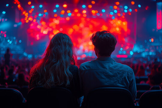 A duo attending a concert together, captivated by the music and their shared enthusiasm. Concept of cultural enjoyment and relationship.