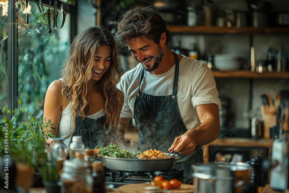 Sticker a couple laughing together while cooking a meal in a cozy kitchen, demonstrating their enjoyment of 