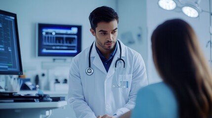 A doctor attentively examines a patient in a clean, modern clinic room, using a stethoscope to check their health. Generative AI