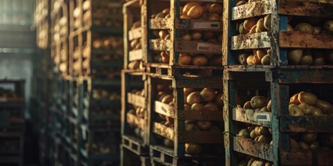 Vegetable crates stacked with freshly harvested potatoes in storage facility at the produce factory