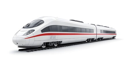 Fototapeta premium A detailed stock photo of a white high-speed train isolated on a white background. The train’s modern and aerodynamic design is prominently displayed, suitable for transportation and travel themes.