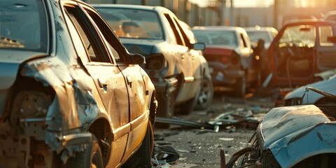 Numerous damaged vehicles in a repair service station parking lot after a traffic collision on the street Outdoor auto body repair workshop Auction of emergency insurance vehicles for sale