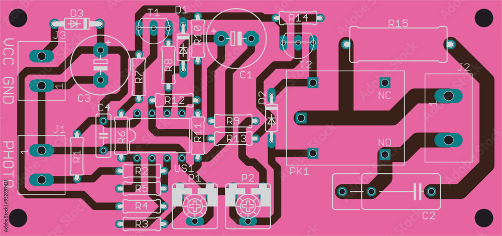 Poster vector printed circuit board of an electronic device with components of radio elements, conductors a