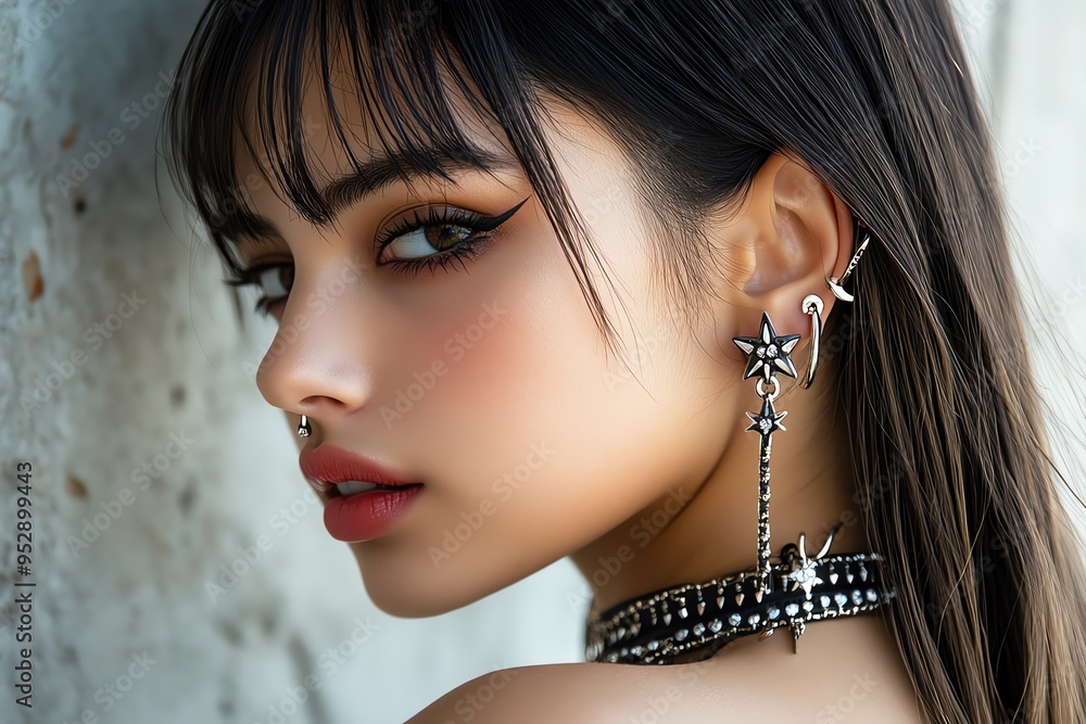 Poster Ear piercing with an asymmetrical design, captured in a photo where one ear is decorated with a single long earring, while the other ear features multiple small studs, creating an edgy, asymmetrical