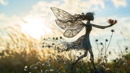 Elegant Wire Fairy Sculpture Holding a Blooming Flower, Dancing in a Field at Sunrise, Symbolizing Freedom and the Beauty of Nature
