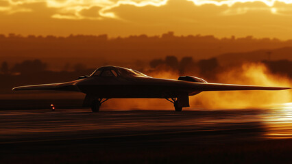 B-21 Raider Soaring at Sunset with Smoke and Flames