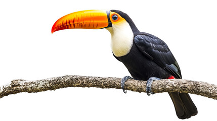 Fototapeta premium Toucan bird in a tree branch on white isolated background