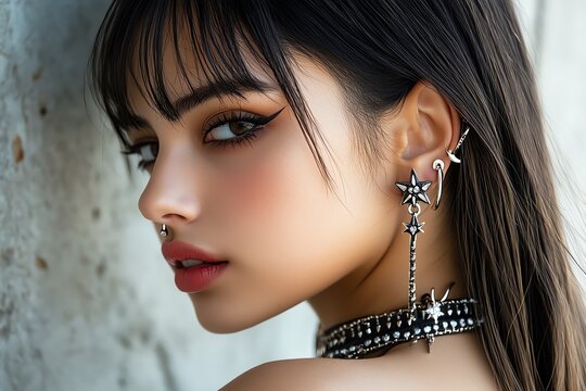 Ear piercing with an asymmetrical design, captured in a photo where one ear is decorated with a single long earring, while the other ear features multiple small studs, creating an edgy, asymmetrical