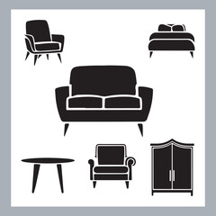 Set of house furniture silhouette Chair, sofa, table, bed, dresser, wardrobe, bookshelf, dining table, armchair, desk, cabinet vector in white background