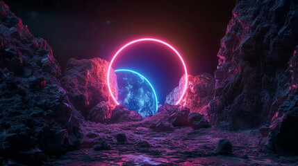 Abstract portal stone gate with neon glowing light in the dark space landscape of cosmic