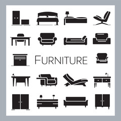 Set of house furniture silhouette Chair, sofa, table, bed, dresser, wardrobe, bookshelf, dining table, armchair, desk, cabinet vector in white background
