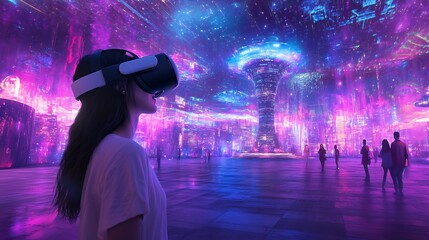 Fototapeta premium Woman Wearing VR Headset Experiencing a Futuristic Cityscape