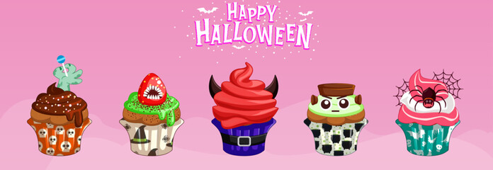 Halloween Cupcakes, Spooky decorated muffins, Vector illustration.