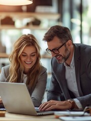 two happy professional executive team people managing project at work. busy business woman manager leader showing financial results to male partner using laptop computer at corporate office meeting.