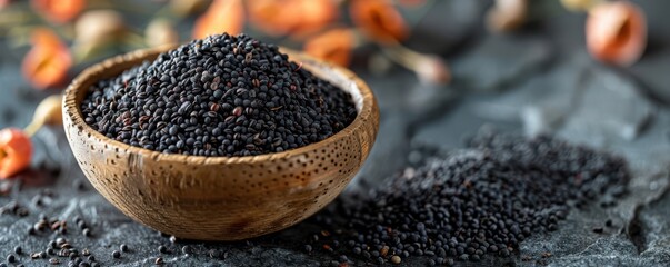 A wooden bowl filled with poppy seeds, accompanied by dried poppies and scattered seeds. Free copy space for banner.