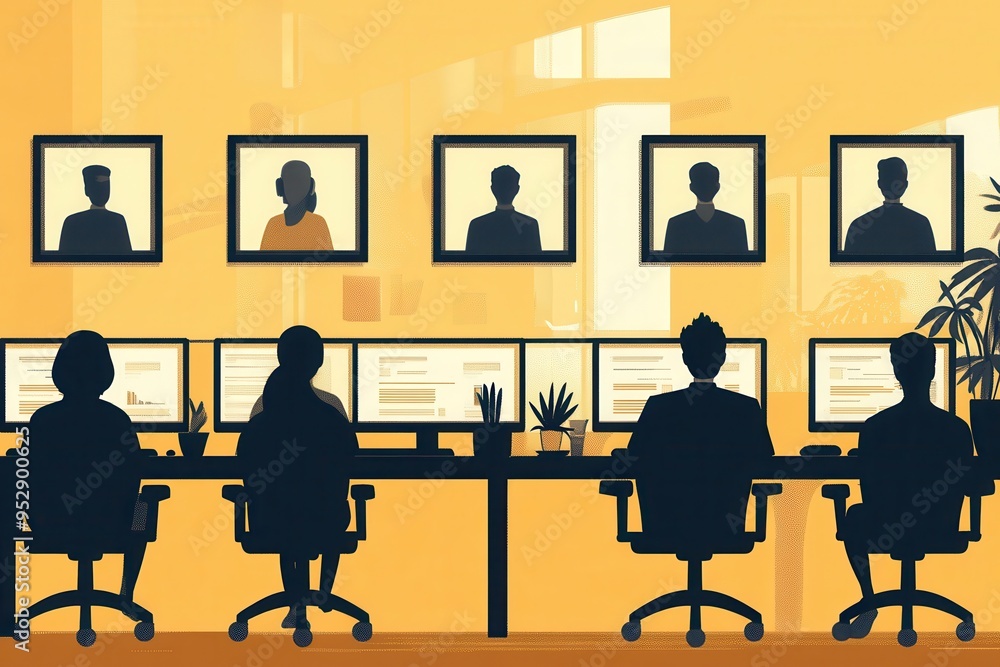 Poster Groups of individuals collaborate at their desks, focused on computer screens in a well-lit office environment. Generative AI