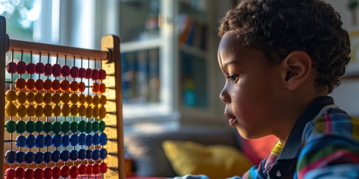 Learning, numbers, and a child using an abacus in a home setting. Focused on homework and education for youth development