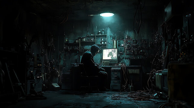 A man sits at a desk in a dark room with a computer monitor in front of him