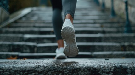 Woman exercising on steps for cardio and fitness, showcasing dedication and athleticism during a morning workout. Focused on health and motivation through training