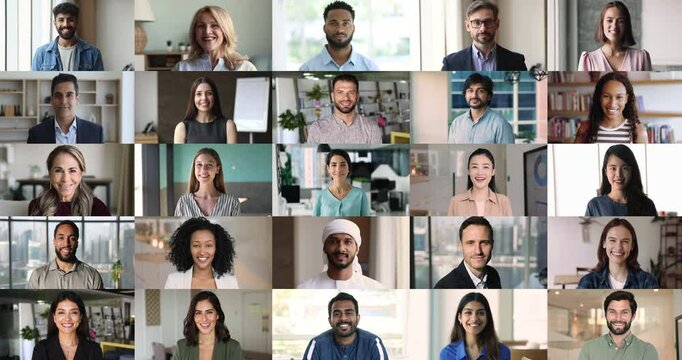 Collage of diverse people arranged in grids posing for camera at home or offices. Vary in gender, ages, ethnicity and profession, represent wide array of backgrounds and global community, zoom in view