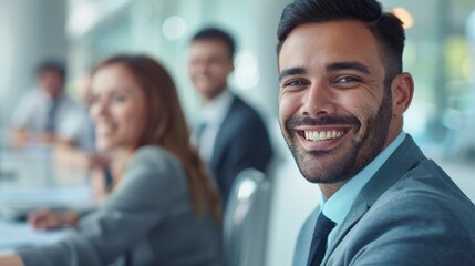 Obraz premium Professional portrait of a man engaged in a business meeting focused on achieving sales goals and fostering growth, displaying a positive attitude and mindset in a work environment