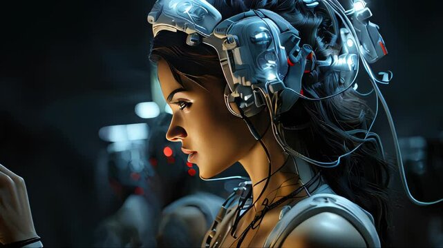 close up view of futuristic female robot looking at camera in neon light