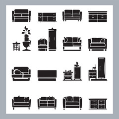 Set of house furniture silhouette Chair, sofa, table, bed, dresser, wardrobe, bookshelf, dining table, armchair, desk, cabinet vector in white background