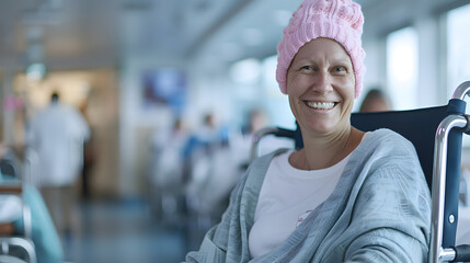 Fototapeta premium Woman Wearing Chemo Hat Sitting in Wheelchair | Strength and Resilience on the Cancer Journey