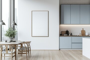 Fototapeta premium Poster Mockup in Kitchen Interior with White Wall created with Generative AI