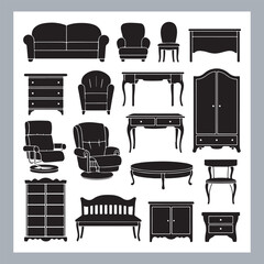 Set of house furniture silhouette Chair, sofa, table, bed, dresser, wardrobe, bookshelf, dining table, armchair, desk, cabinet vector in white background