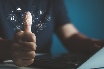 Fingerprint and business icons with man thumb up scanning for security access with biometrics identification on virtual screen. Biometric security network, privacy data protection technology concept.