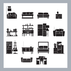 Set of house furniture silhouette Chair, sofa, table, bed, dresser, wardrobe, bookshelf, dining table, armchair, desk, cabinet vector in white background