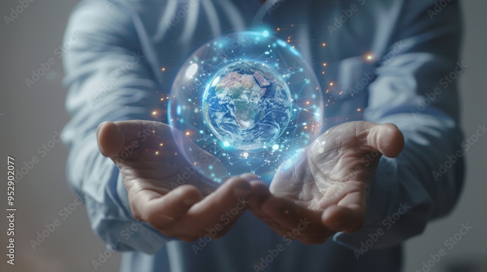 Poster businessman engaging with digital transformation, social media, and future technologies through netw