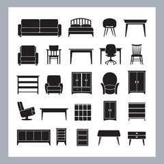 Set of house furniture silhouette Chair, sofa, table, bed, dresser, wardrobe, bookshelf, dining table, armchair, desk, cabinet vector in white background