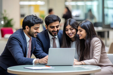 A group of four professionals from India, dressed in business attire, are gathered around a laptop, collaborating and smiling in a bright, modern office setting