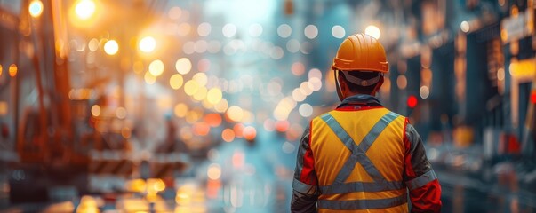 Obraz premium Back view of a worker wearing a safety vest and hard hat, standing on a city street with bokeh lights. Free copy space for banner.