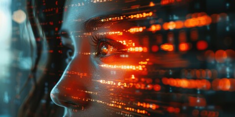 Double exposure of a woman programming and engaging in cybersecurity, with themes of hacking and digital transformation in cloud computing and big data