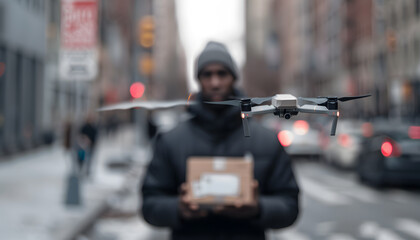 Man Holding a Drone Delivering a Package | Cutting-Edge Technology in Delivery and Logistics Innovation